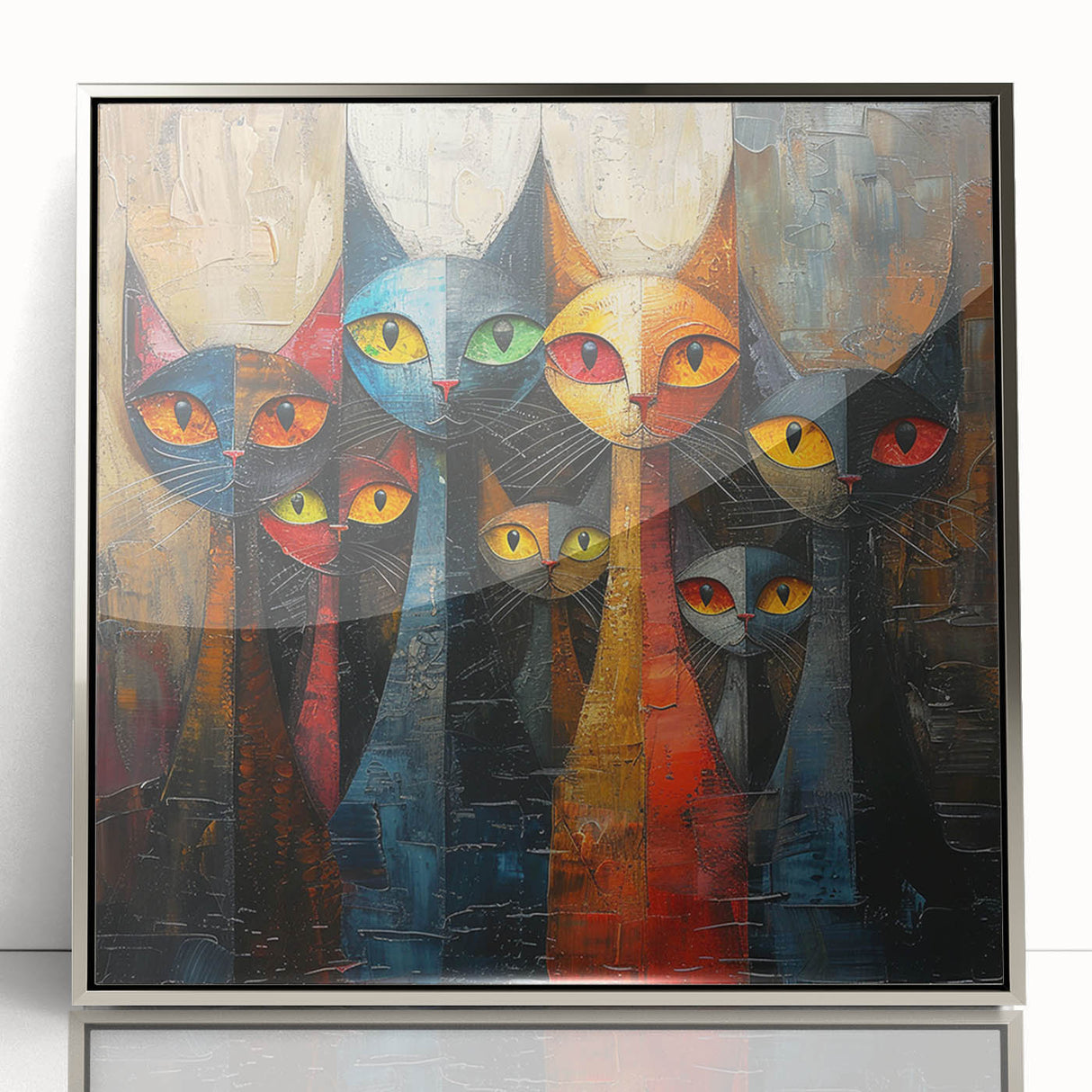 Framed acrylic wall art featuring a sleek silver border, showcasing a vibrant cat design inspired by wildlife, perfect for modern home decor.