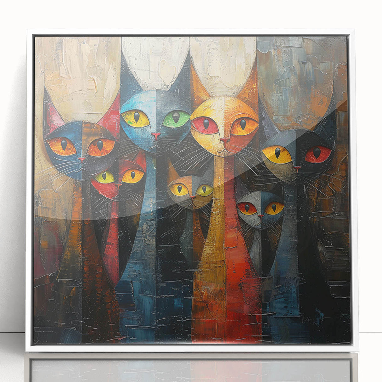 Framed acrylic wall art featuring a whimsical cat design from the "Animals a Wild Life" collection, displayed against a sleek white background, perfect for animal lovers.