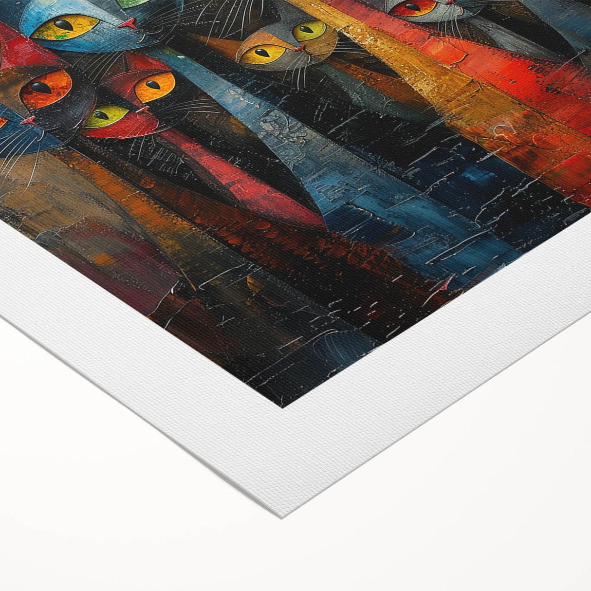 Colorful rolled canvas art featuring a whimsical cat design, showcasing playful illustrations and vibrant colors, ideal for animal lovers and home decor enthusiasts.