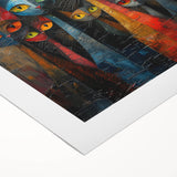 Colorful rolled canvas art featuring a whimsical cat design, showcasing playful illustrations and vibrant colors, ideal for animal lovers and home decor enthusiasts.