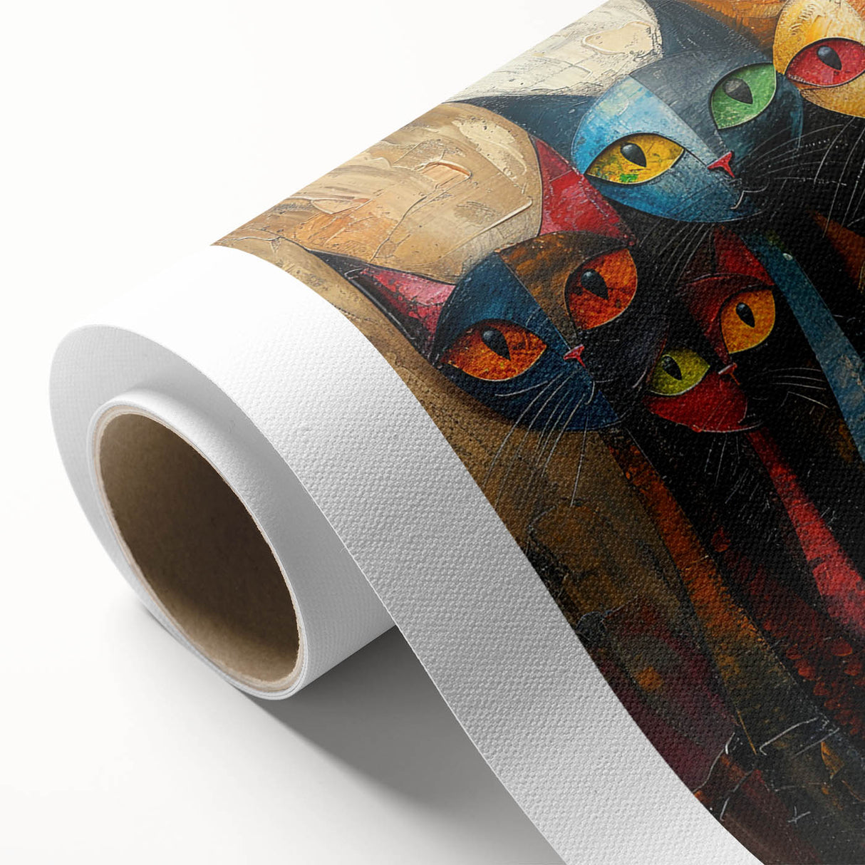 Vibrant rolled canvas wall art showcasing a whimsical cat design from the Animals A Wild Life collection, featuring bold colors and intricate details, ideal for animal lovers.