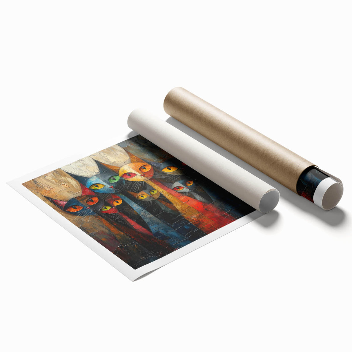 Vibrant rolled wall art print featuring a whimsical cat design, showcasing intricate details and colors, ideal for animal lovers and home decor enthusiasts.