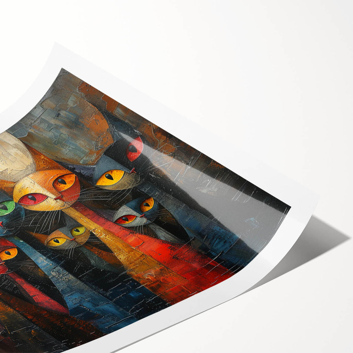 Colorful rolled print of a whimsical cat design featuring playful patterns and vibrant hues, ideal for animal lovers and home decor enthusiasts, securely packaged in a protective tube.