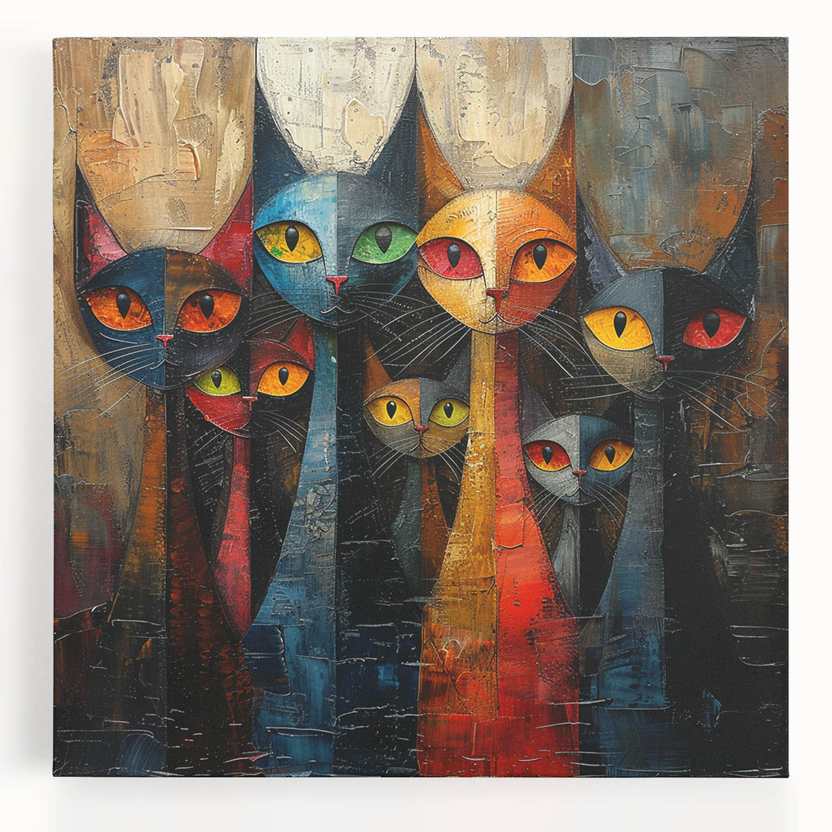 Vibrant canvas wall art featuring a whimsical cat design with vivid colors, ideal for animal lovers and home decor, showcasing playful artistic style.