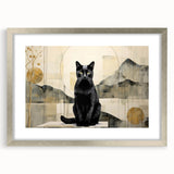 Framed wall art featuring a whimsical cat design in a silver frame with a mat, perfect for animal lovers and home decor enthusiasts, showcasing vibrant colors and playful elements.