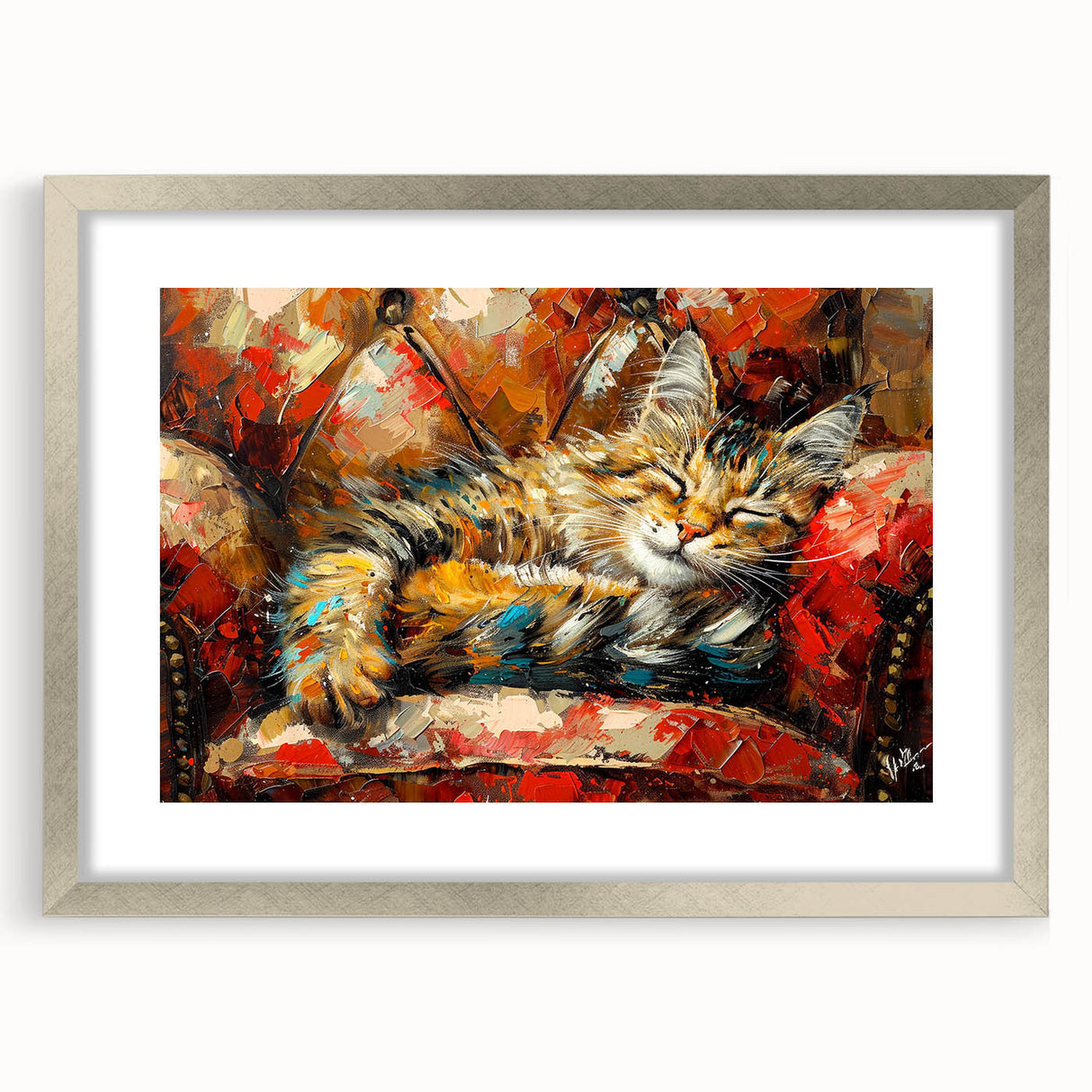 Framed wall art collection showcasing a whimsical cat design, featuring a sleek silver frame and white mat, ideal for enhancing home decor with a playful touch.