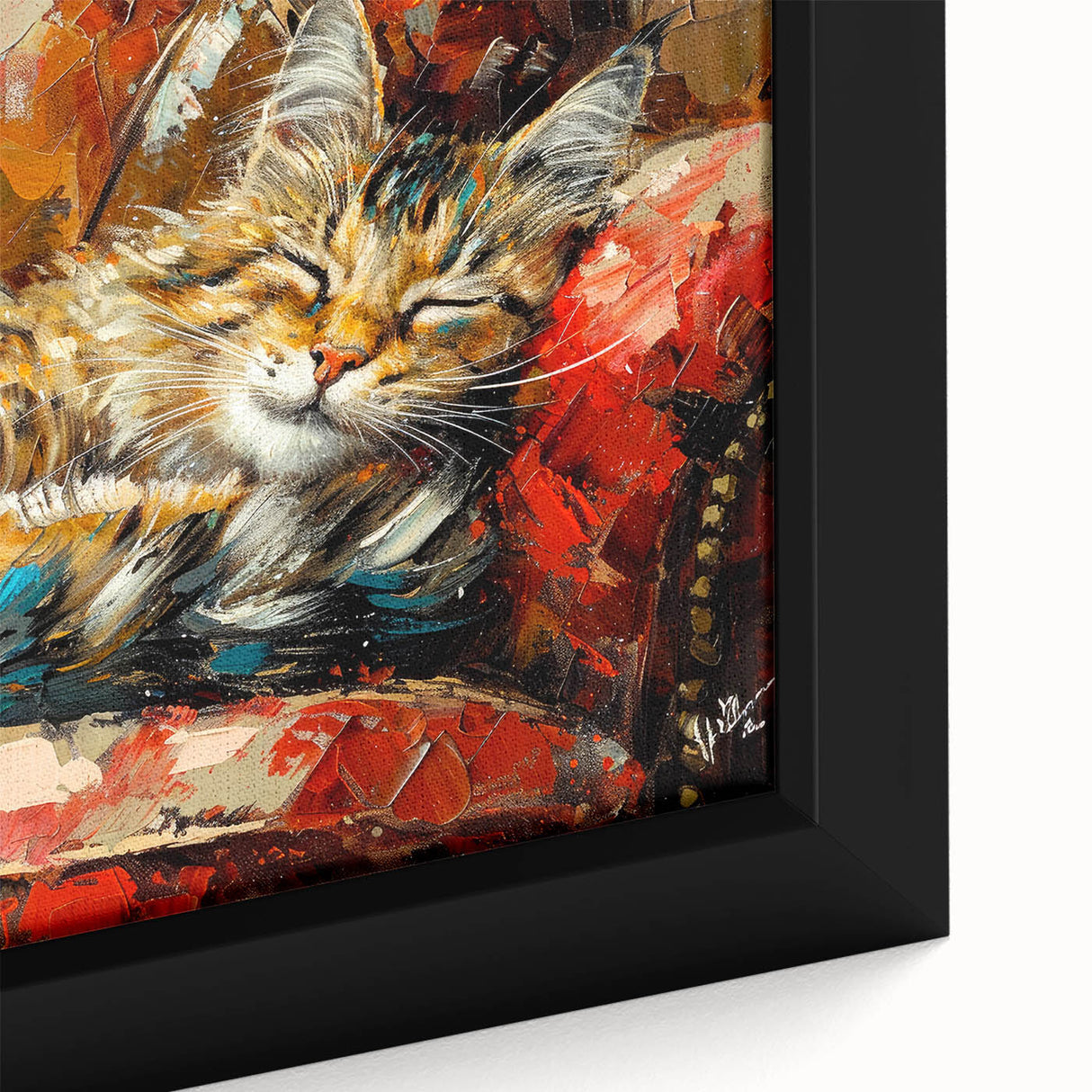 Close-up of a framed canvas wall art featuring a wild cat design, showcasing vibrant colors and intricate details, ideal for animal lovers and home decor enthusiasts.