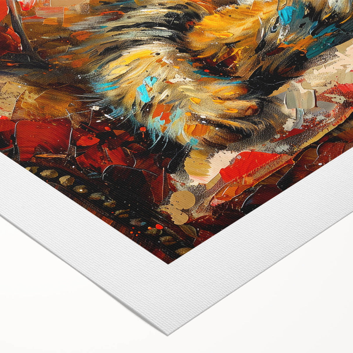 Colorful rolled canvas wall art featuring a whimsical cat design in a playful jungle setting, ideal for animal lovers and home decor enthusiasts. Perfect for adding a vibrant touch to any room.
