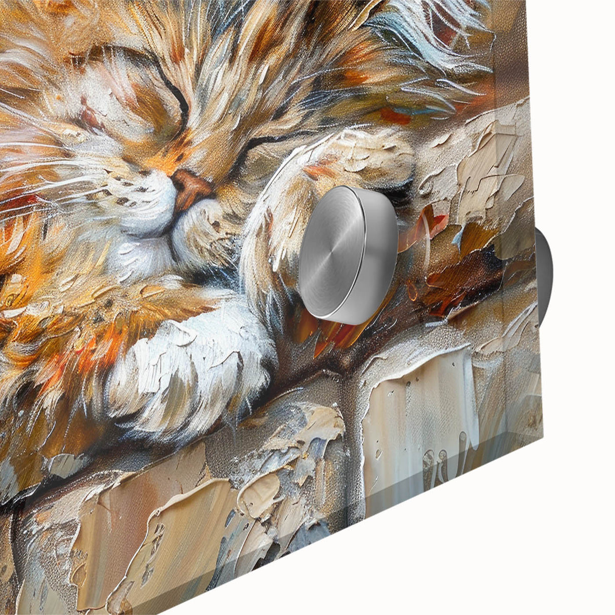 Close-up of a vibrant acrylic glass wall art piece featuring a wild cat design, showcasing intricate details and bold colors, perfect for animal lovers and home decor.