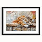 Black-framed wall art collection featuring a whimsical cat design on a white mat, perfect for animal lovers and home decor enthusiasts, showcasing vibrant colors and playful details.