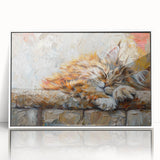 Framed wall art featuring a stylish cat design in vibrant colors, showcasing a modern aesthetic. The acrylic frame enhances the artwork's appeal, making it a perfect decorative piece for animal lovers.