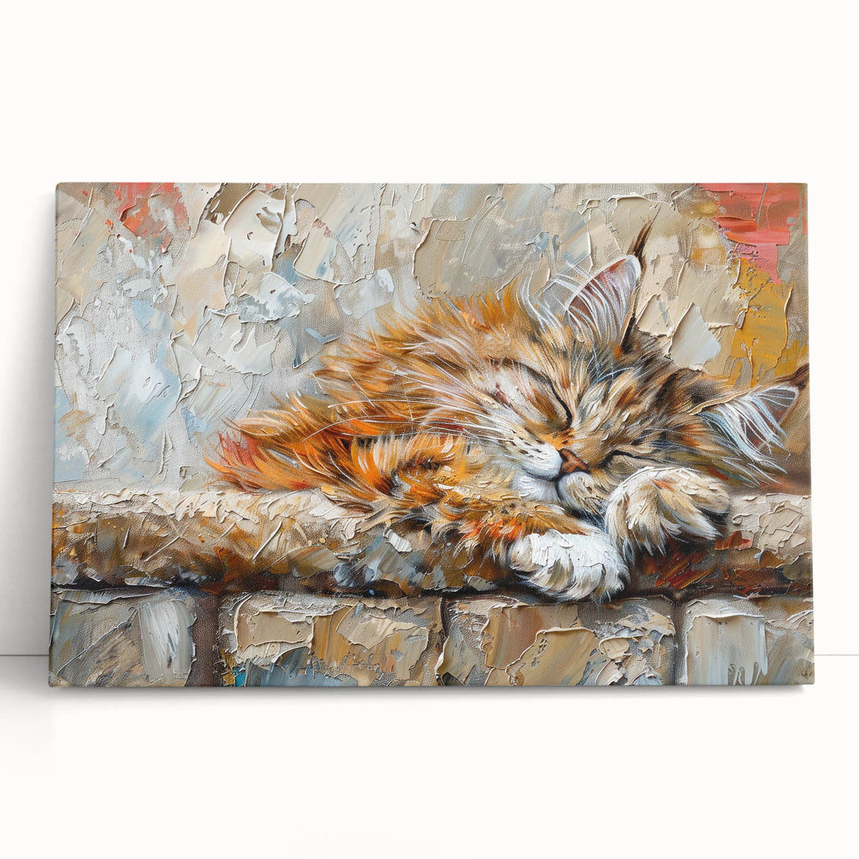 Stretched canvas wall art featuring a whimsical cat design, showcasing vibrant colors and playful details, perfect for animal lovers' decor.