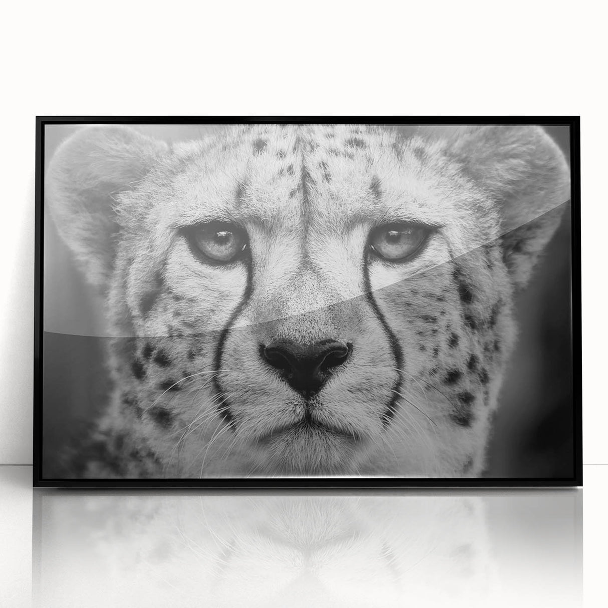 Framed wall art featuring a striking cheetah design against a black background, showcasing the elegance and speed of this majestic African animal, perfect for wildlife enthusiasts.