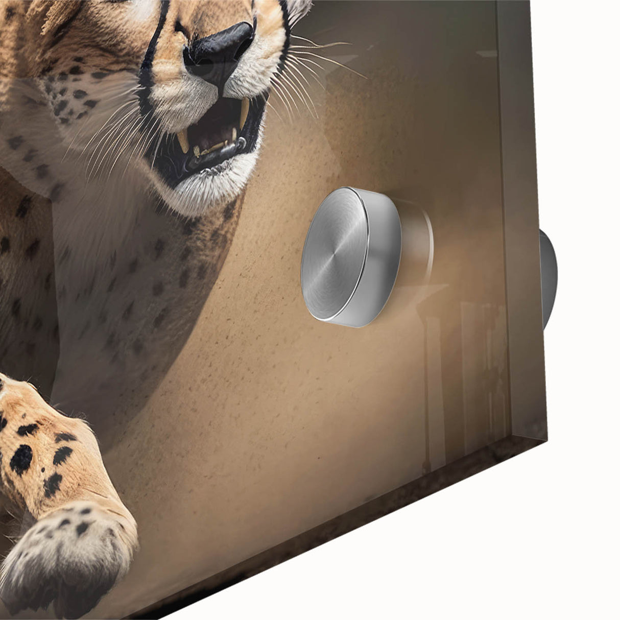 Close-up of a striking acrylic glass wall art featuring a detailed cheetah design, showcasing vibrant colors and textures, perfect for wildlife and animal lovers.