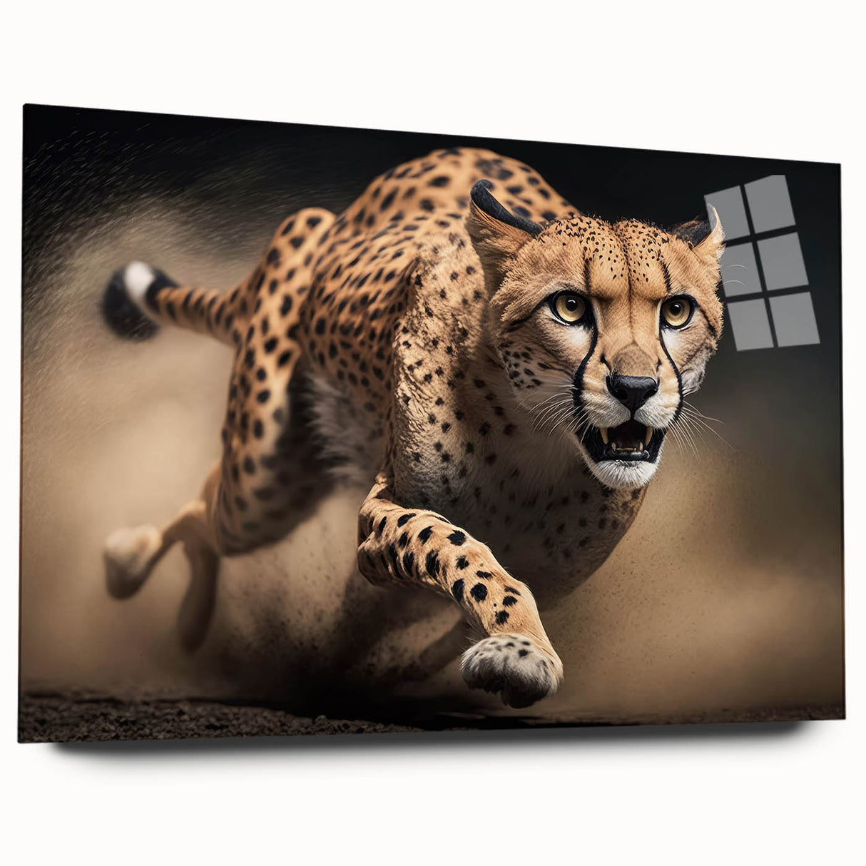 Cheetah-themed wall art collection displayed in acrylic glass, showcasing a side view of the vibrant design, perfect for wildlife enthusiasts and modern decor.