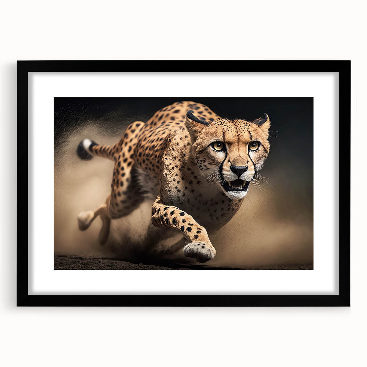 Framed wall art featuring a striking cheetah design in a bold black frame, showcasing the animal's grace and beauty against a vibrant backdrop, ideal for wildlife enthusiasts.