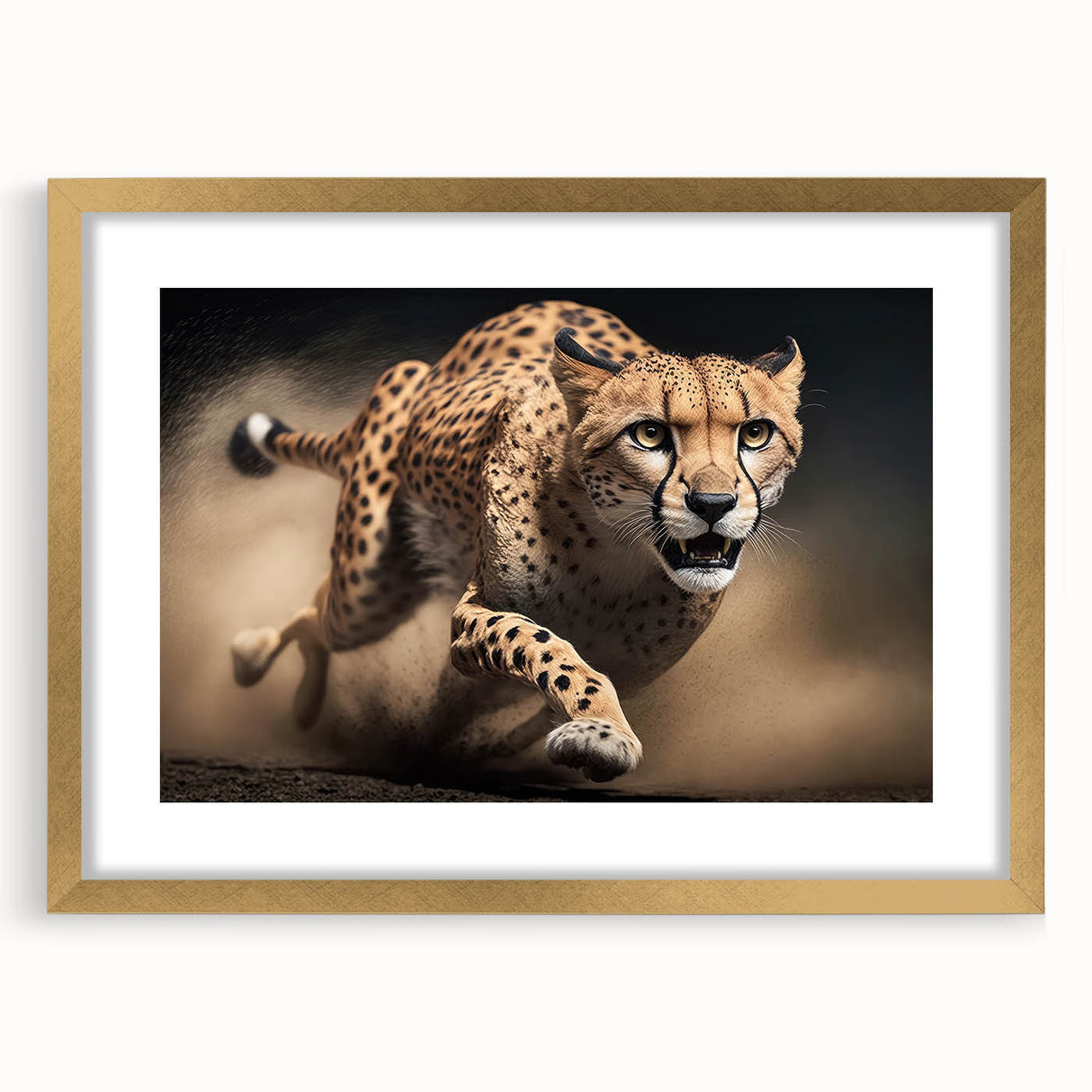 Cheetah-themed wall art frame showcasing a stunning gold mat and sleek design, perfect for adding a touch of wildlife elegance to home decor. Ideal for animal lovers and art enthusiasts.