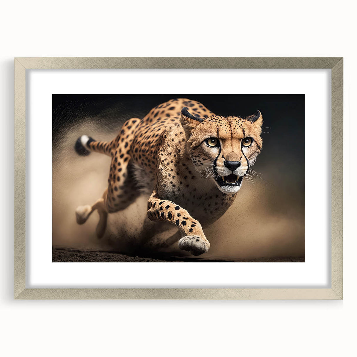 Cheetah-themed wall art featuring a striking design with detailed animal illustrations, framed in silver with a mat, perfect for wildlife enthusiasts' home decor.