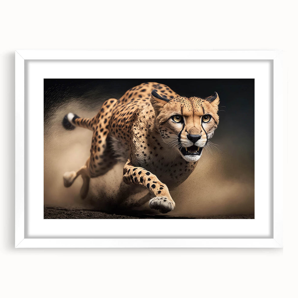 Cheetah wall art design framed in white with a mat, showcasing a stunning wildlife theme. Perfect for animal lovers and home decor enthusiasts.