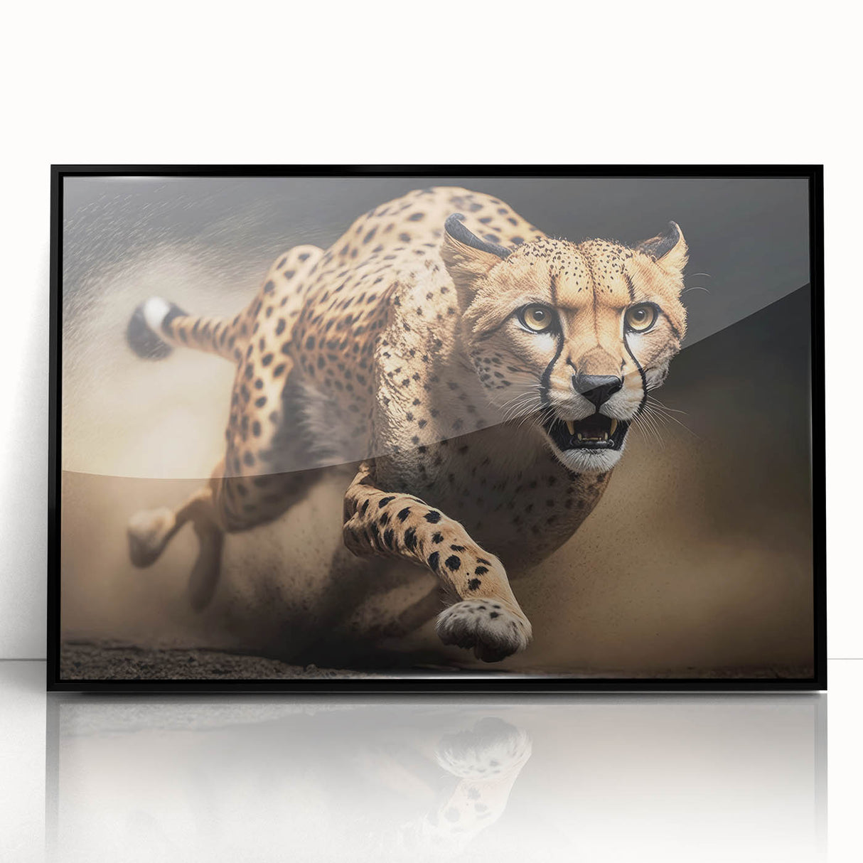 Framed acrylic wall art featuring a striking cheetah design in vibrant colors, showcasing the animal's sleek form and wild beauty, perfect for nature-themed decor.