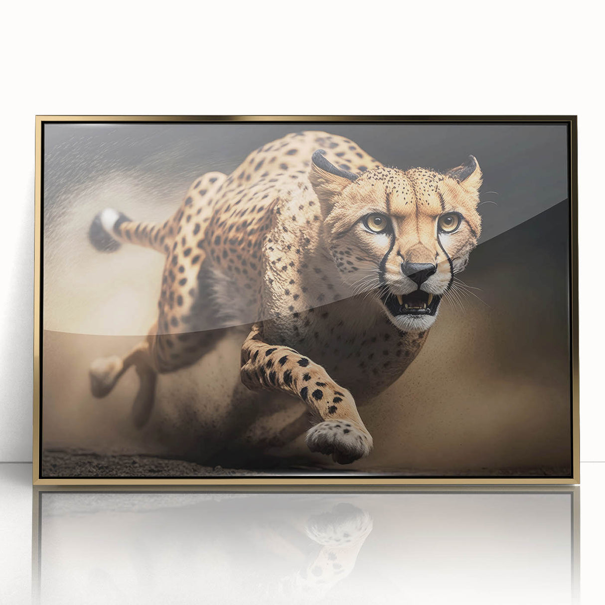 Framed wall art featuring a striking front view of a cheetah in a vibrant gold-acrylic finish, perfect for adding a touch of wildlife elegance to any space.