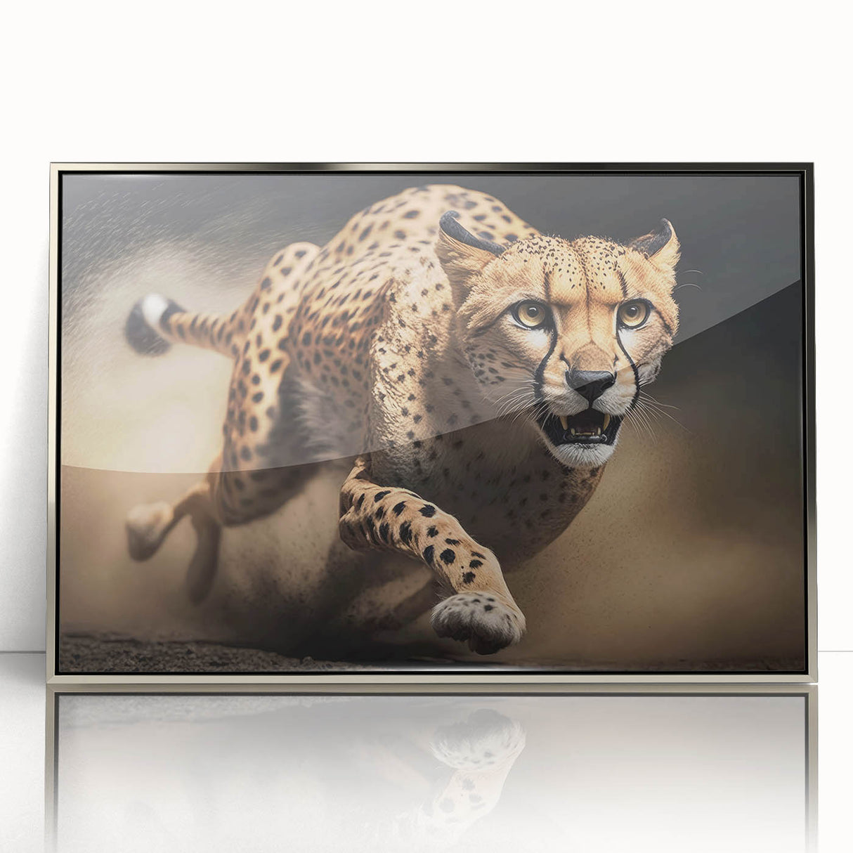 Framed wall art featuring a sleek, modern cheetah design in silver acrylic, showcasing the beauty of wildlife. Perfect for animal lovers and home decor enthusiasts.