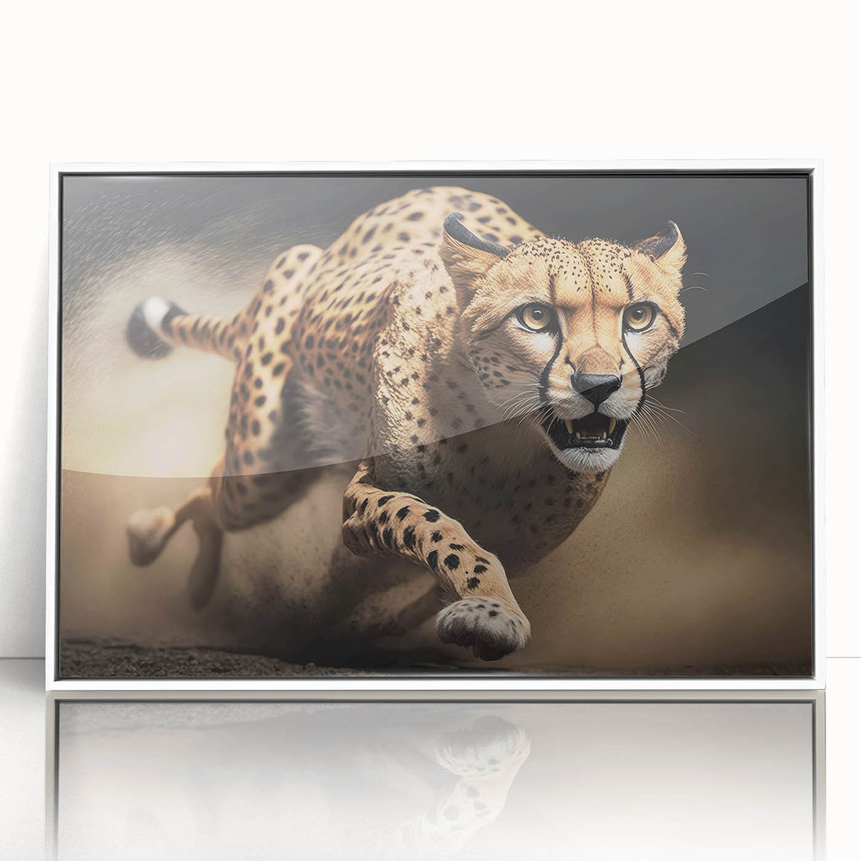 Framed wall art featuring a sleek cheetah design in a contemporary style, showcasing vibrant colors and intricate details, perfect for wildlife enthusiasts and modern decor.