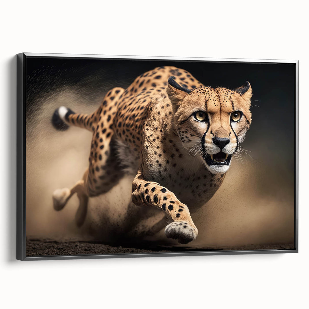 Framed canvas wall art showcasing a striking cheetah design in black and gold, emphasizing the wild beauty of African wildlife. Ideal for modern home decor.
