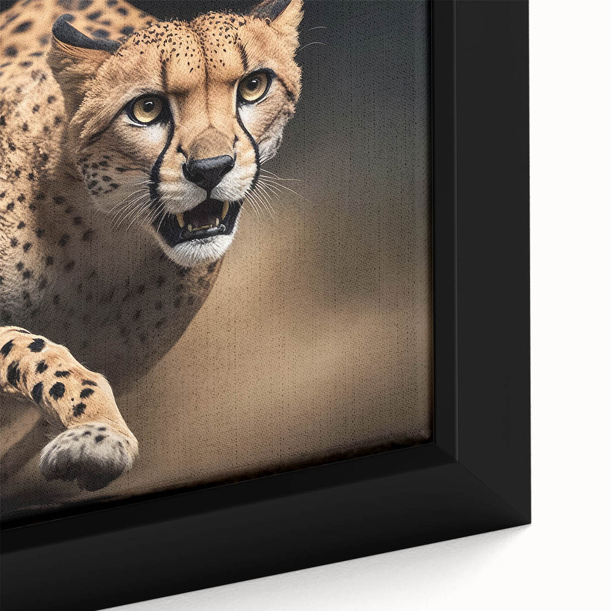 Close-up of a framed canvas wall art piece featuring a striking cheetah design, showcasing its vivid colors and intricate details, perfect for wildlife enthusiasts.