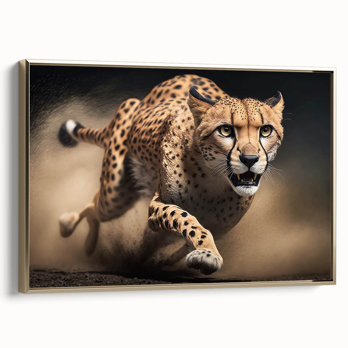 Framed wall art featuring a striking side view of a cheetah in a gold-toned design, showcasing intricate details and rich textures, perfect for wildlife decor.