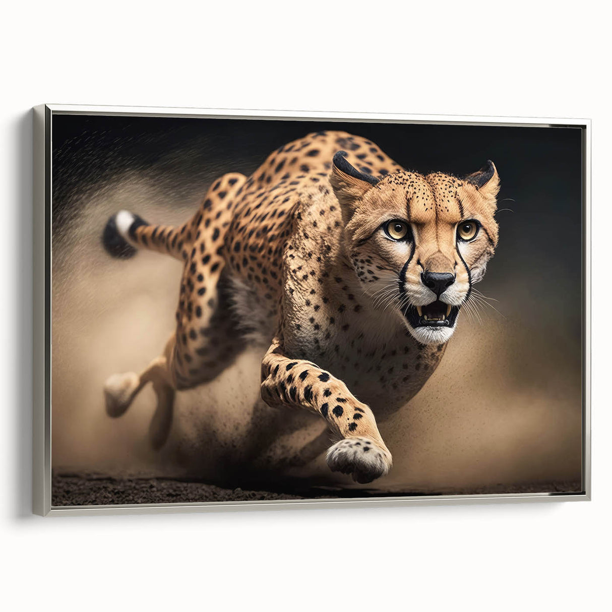 Framed canvas wall art featuring a sleek silver cheetah design, showcasing intricate details and vibrant colors, perfect for wildlife enthusiasts and modern decor.