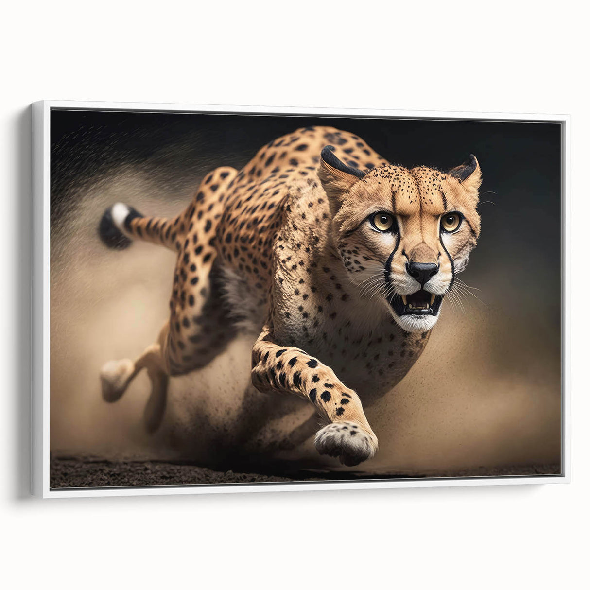 Framed canvas wall art showcasing a striking side view of a cheetah in a white background, perfect for wildlife enthusiasts and modern decor. Ideal for adding a touch of nature to any room.