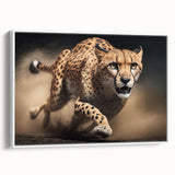Framed canvas wall art showcasing a striking side view of a cheetah in a white background, perfect for wildlife enthusiasts and modern decor. Ideal for adding a touch of nature to any room.