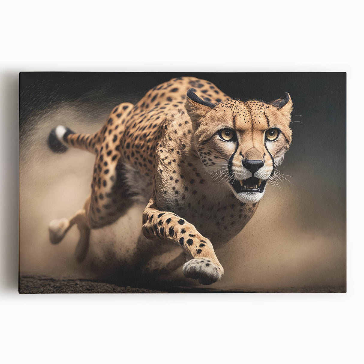 Stretched canvas wall art showcasing a cheetah in a vibrant, colorful design, ideal for adding a wild animal theme to home decor or office space.