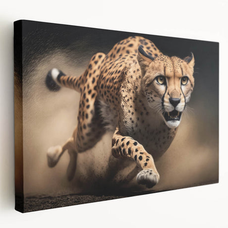 Side view of a stretched canvas wall art featuring a striking cheetah design, showcasing intricate details and vibrant colors, perfect for wildlife enthusiasts.