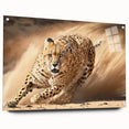 Acrylic glass wall art featuring a striking side view of a cheetah in a vibrant wildlife design, showcasing intricate details and vivid colors, perfect for nature enthusiasts.