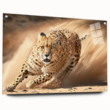 Acrylic glass wall art featuring a striking side view of a cheetah in a vibrant wildlife design, showcasing intricate details and vivid colors, perfect for nature enthusiasts.