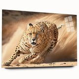 Cheetah wall art design displayed in acrylic glass, showcasing a side view of the striking wild cat's features and vibrant colors, perfect for animal lovers and home decor enthusiasts.