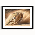 Cheetah-themed wall art collection featuring a striking black frame and mat, showcasing a vibrant illustration of a cheetah in its natural habitat, ideal for wildlife enthusiasts.