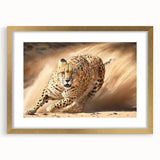 Cheetah-themed wall art framed in gold, showcasing a stunning front view of the wild animal against a textured backdrop, perfect for wildlife enthusiasts.