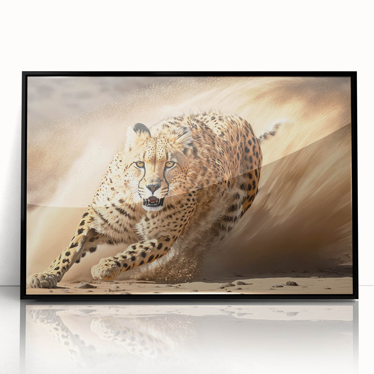 Framed wall art featuring a striking cheetah design, showcasing vibrant colors and intricate details, perfect for animal lovers and modern decor.