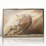 Framed acrylic wall art featuring a striking cheetah design in gold against a vivid background; ideal for wildlife enthusiasts and modern decor.