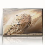 Framed acrylic wall art featuring a striking cheetah design in silver tones, showcasing the wild beauty of this iconic African animal, perfect for home decor.