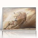 Framed wall art featuring a striking cheetah design in a white frame, showcasing vibrant colors and intricate details, perfect for wildlife enthusiasts and modern decor.