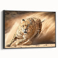 Framed canvas wall art showcasing a sleek black cheetah design in profile view, ideal for wildlife enthusiasts and modern decor, enhancing any room's aesthetic.