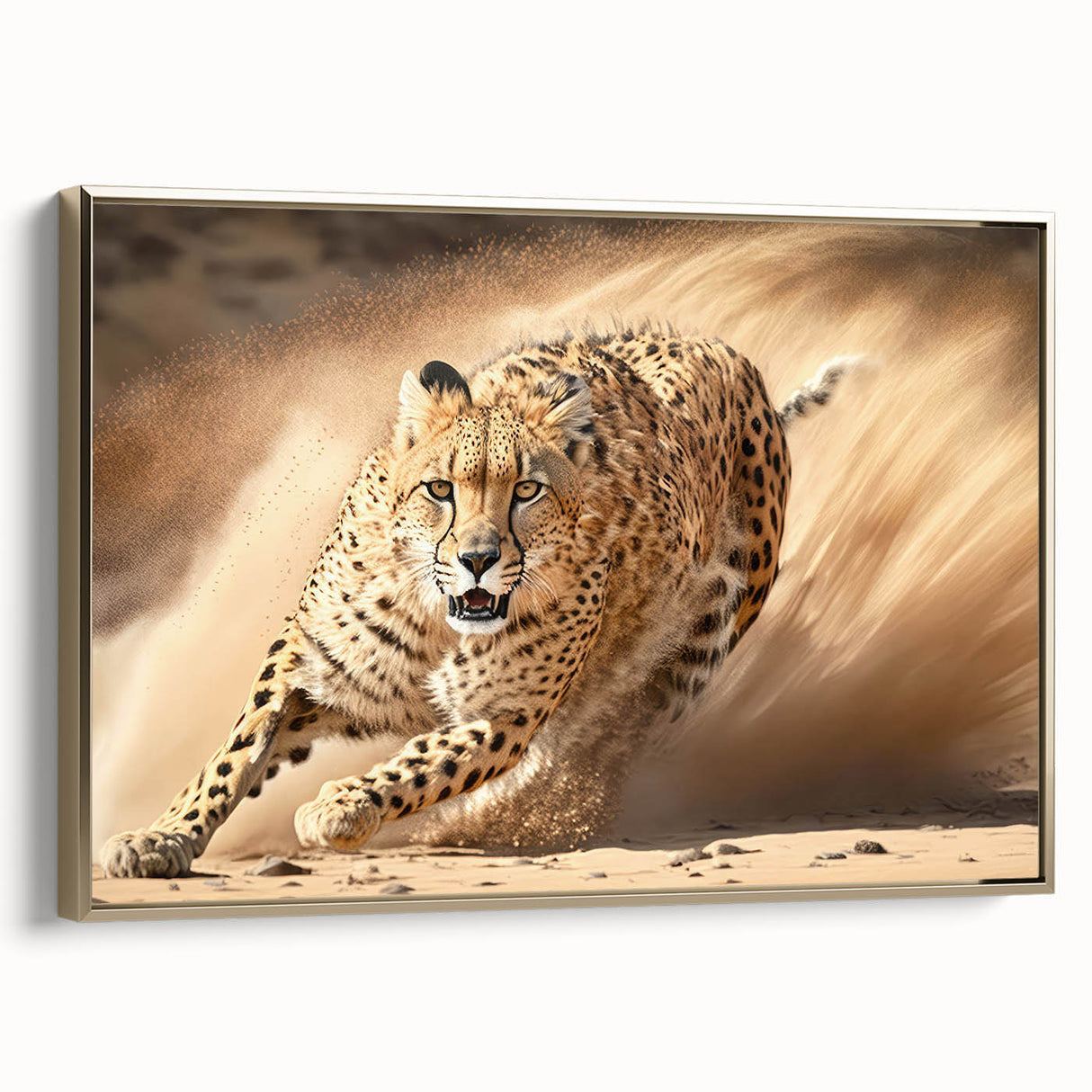Framed canvas wall art showcasing a stunning side view of a cheetah, highlighted with gold accents, perfect for animal lovers and modern decor enthusiasts.