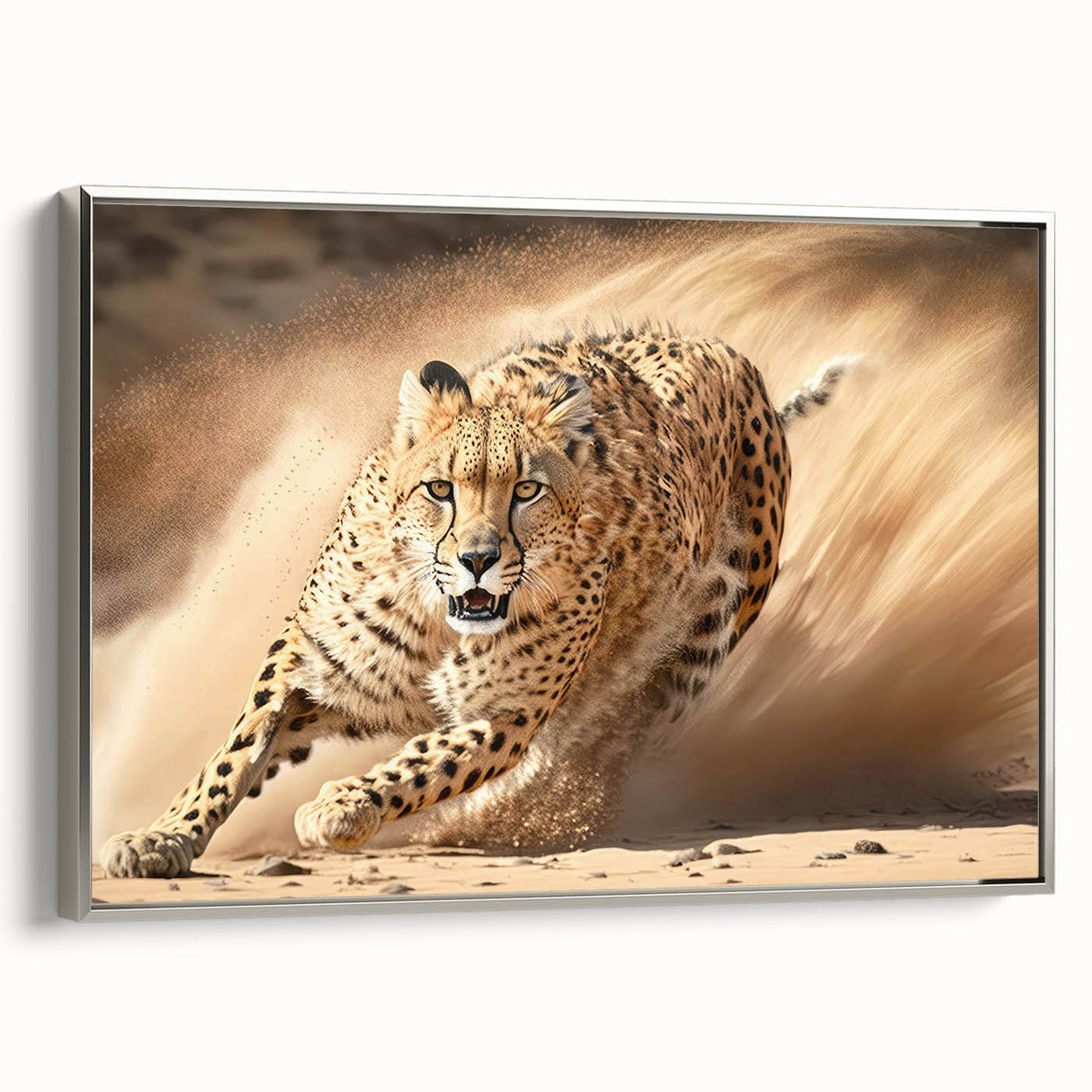 Framed wall art showcasing a sleek silver-sided cheetah design on canvas, capturing the essence of wildlife with intricate details, perfect for modern decor.