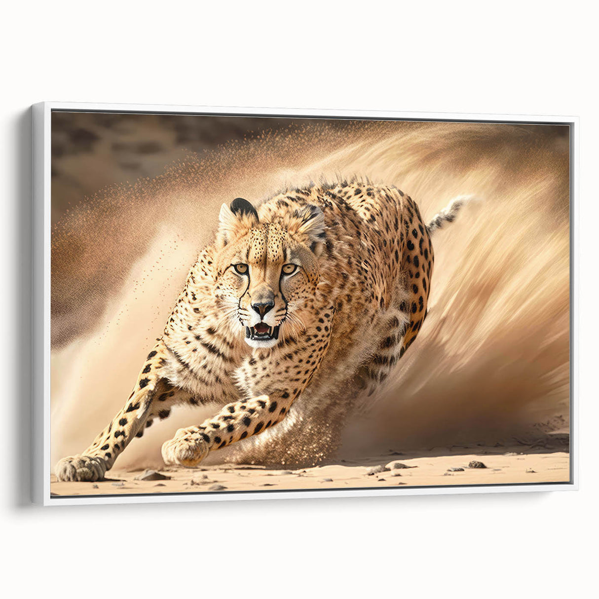 Framed wall art featuring a sleek cheetah design on a white background, showcasing the animal's elegant form and vivid colors, ideal for wildlife enthusiasts.