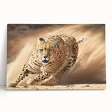 Cheetah-themed wall art on stretched canvas showcasing a vibrant design, perfect for animal lovers and modern decor enthusiasts, set against a neutral background.