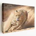 Stretched canvas featuring a striking side view of a cheetah, showcasing its vibrant orange and black fur, ideal for wildlife-themed decor and animal art enthusiasts.